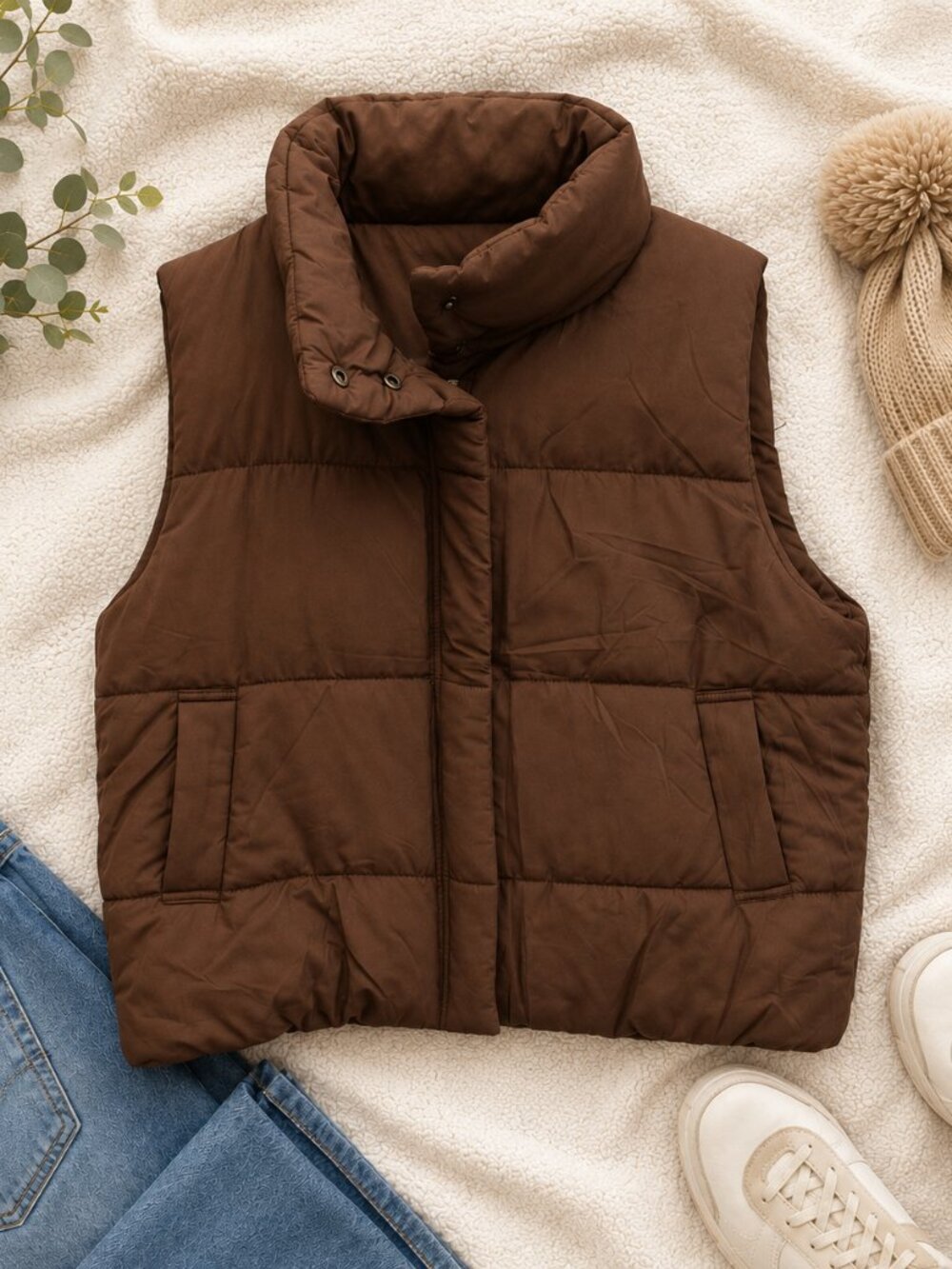NWT Blu Pepper Brown Cropped Puffer Vest Size Small Neutral Cozy Fall Winter